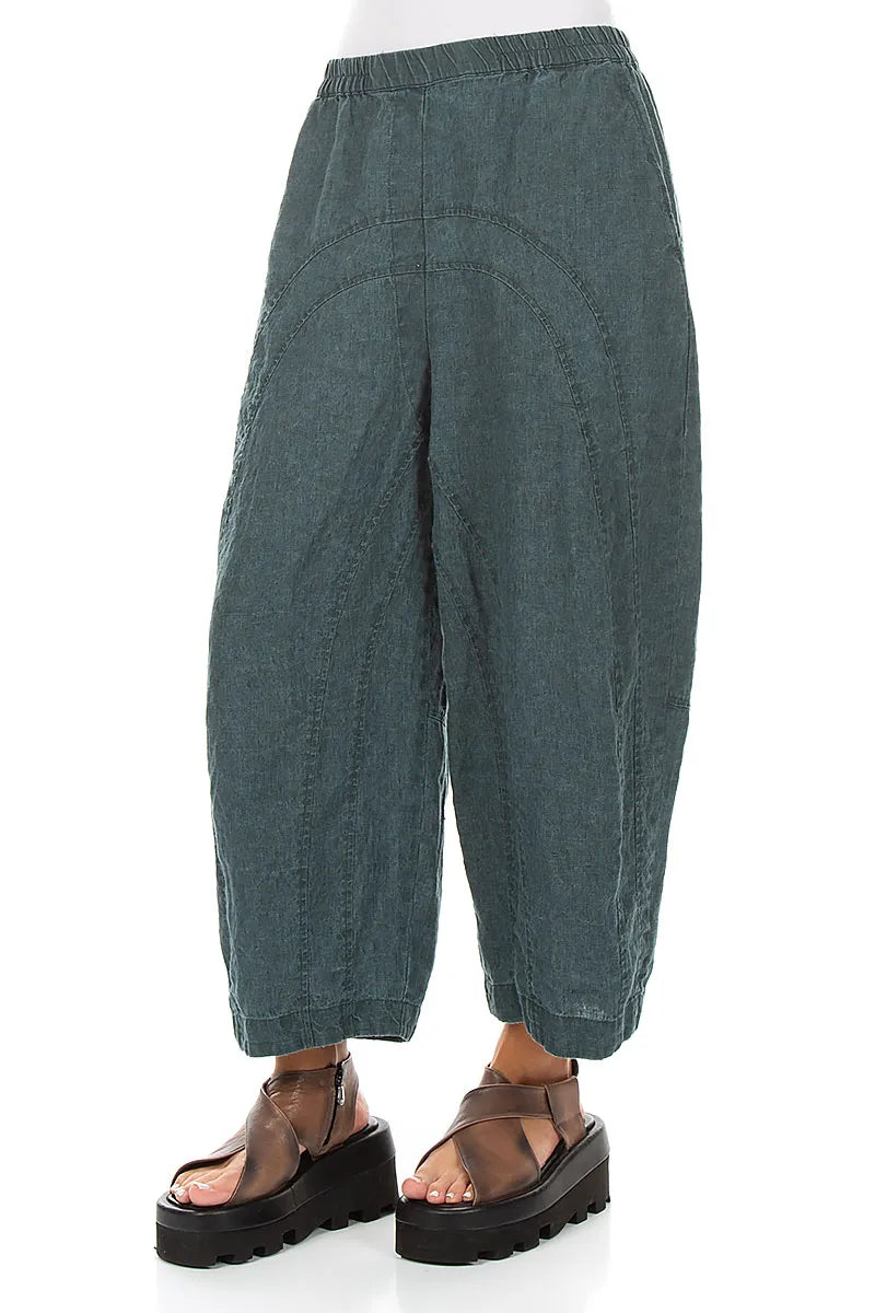 Loose Back Pockets Teal Linen Trousers 3