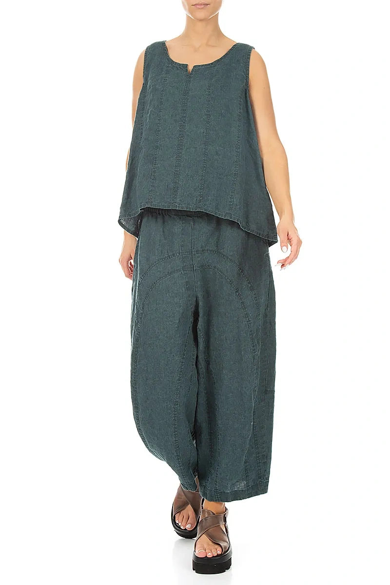 Loose Back Pockets Teal Linen Trousers 4