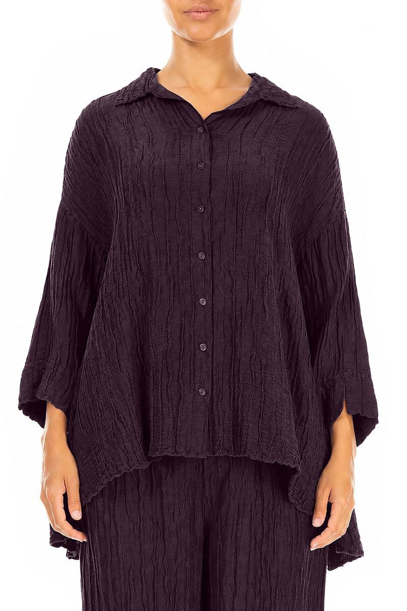 Loose Crinkled Deep Plum Silk Linen Shirt