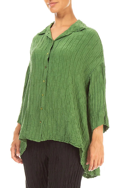 Loose Crinkled Shamrock Green Silk Linen Shirt 3