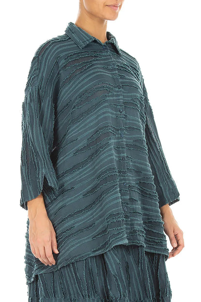 Loose Deep Turquoise Fray Weave Shirt