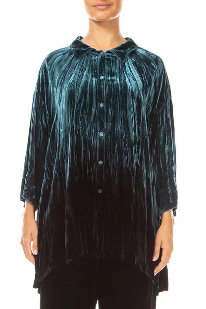 Loose Deep Turquoise Ombré Silk Velvet Shirt 1