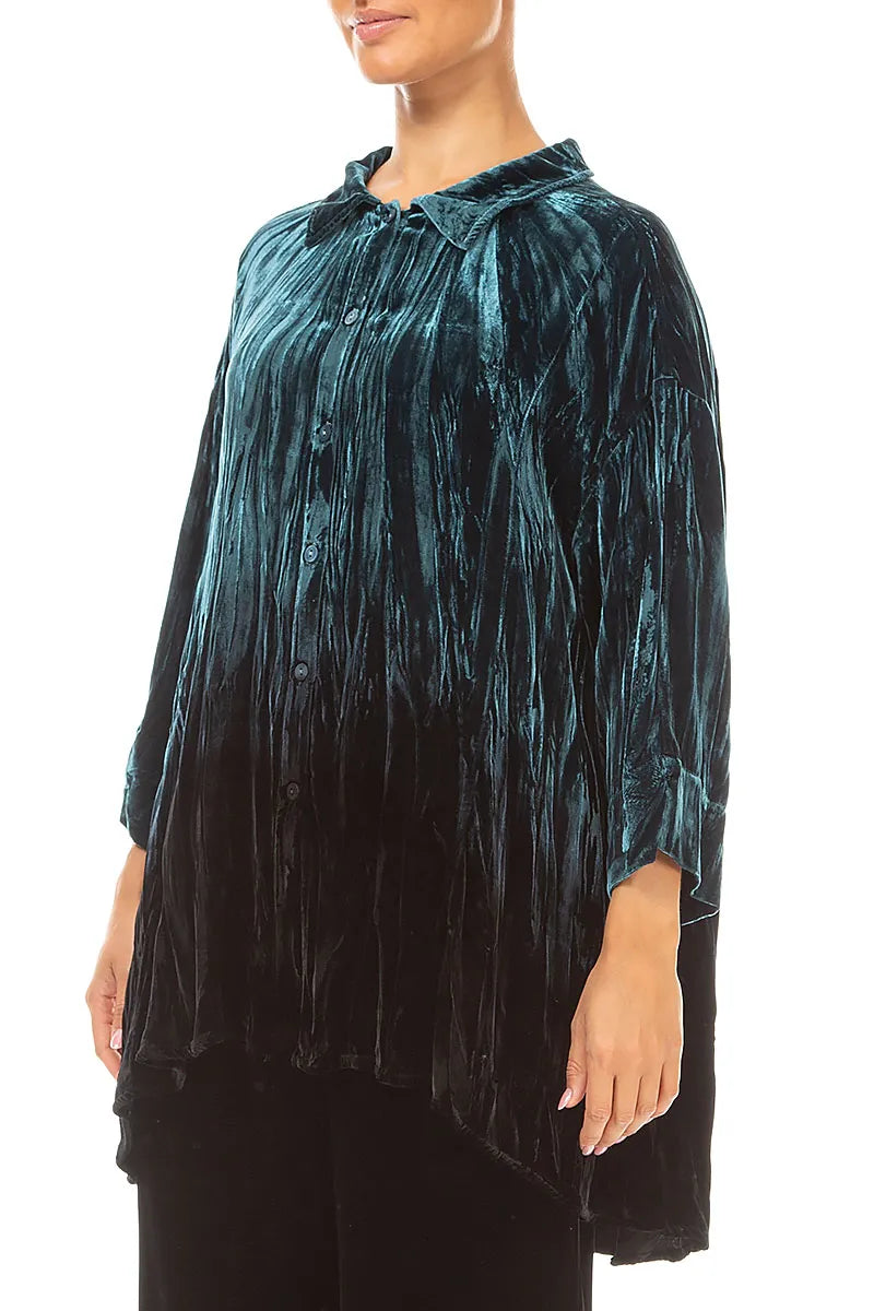 Loose Deep Turquoise Ombré Silk Velvet Shirt 3