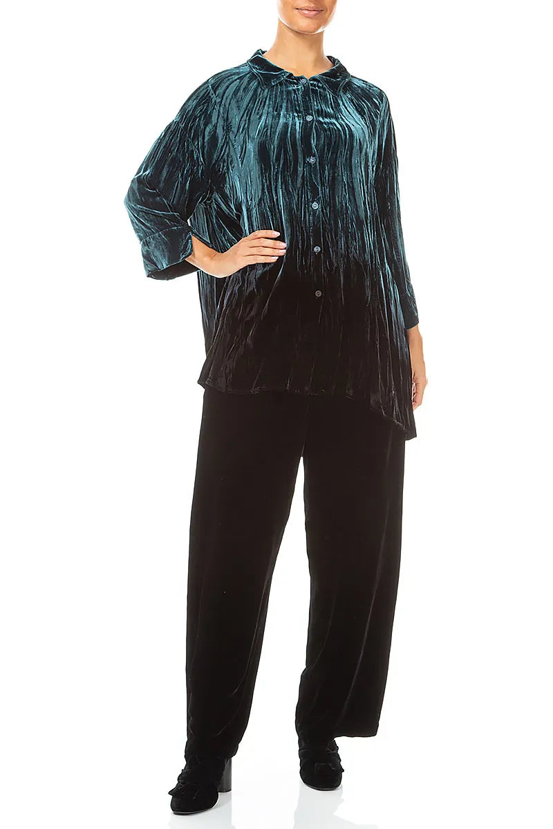 Loose Deep Turquoise Ombré Silk Velvet Shirt 4
