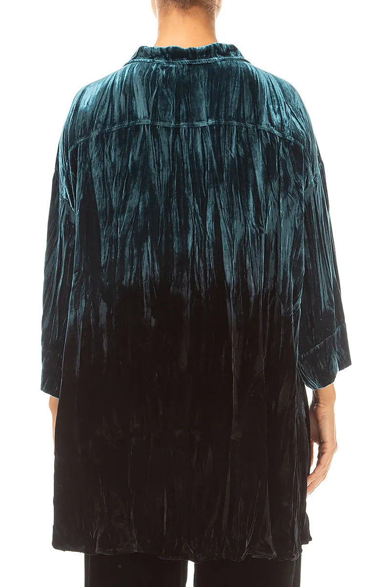 Loose Deep Turquoise Ombré Silk Velvet Shirt 2