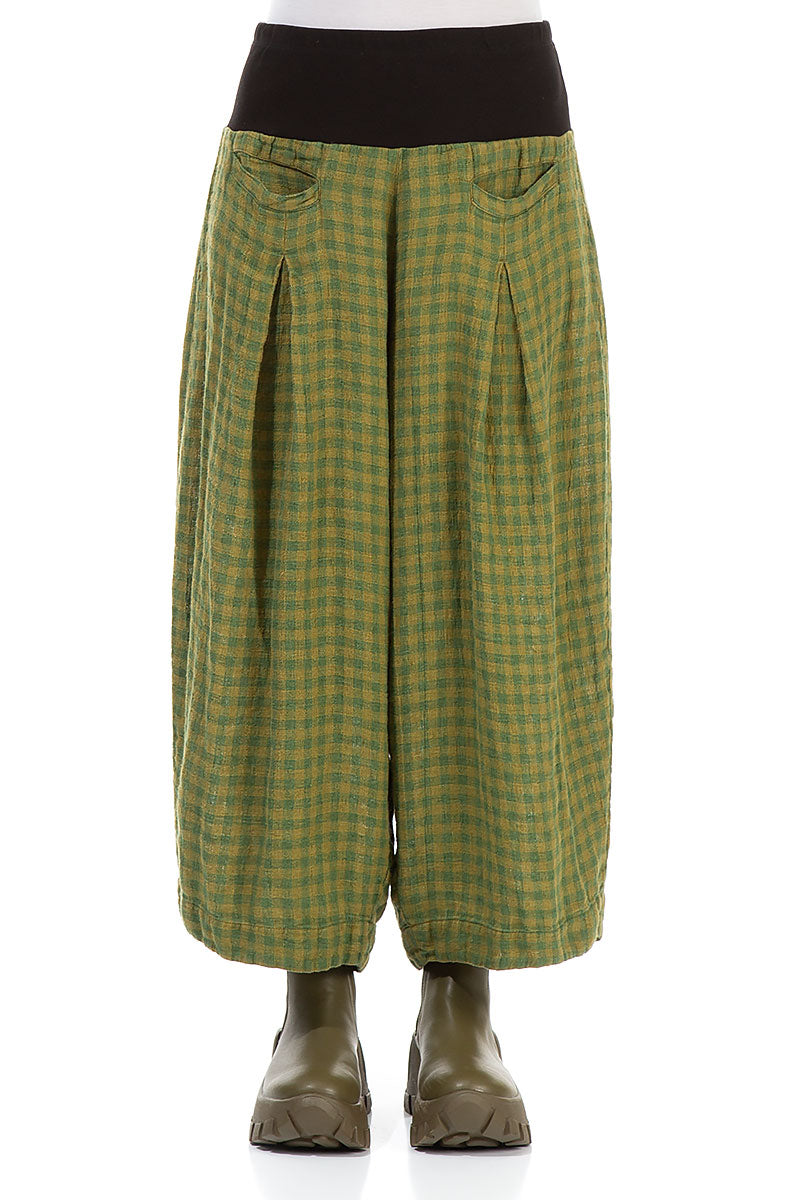 Loose Green Lime Check Linen Trousers 1