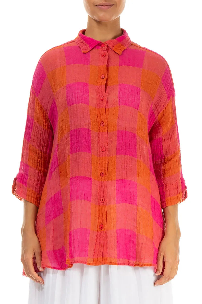 Loose Large Check Pink Orange Gauze Linen Shirt 1