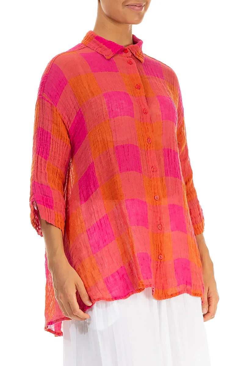 Loose Large Check Pink Orange Gauze Linen Shirt 3