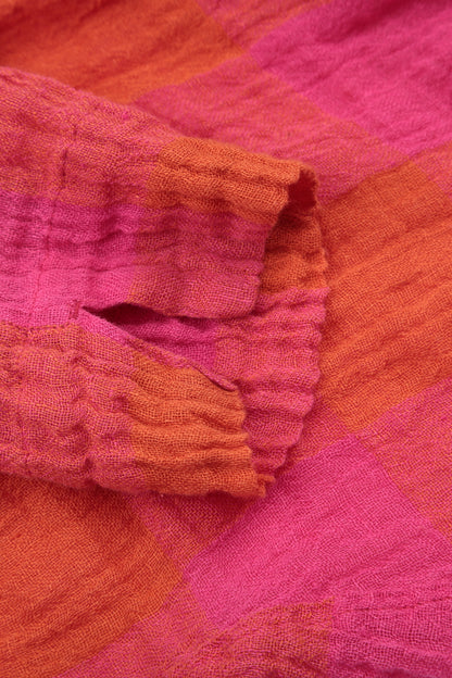 Loose Large Check Pink Orange Gauze Linen Shirt 6