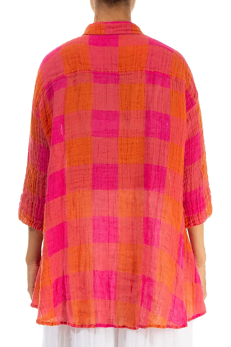 Loose Large Check Pink Orange Gauze Linen Shirt 2