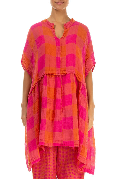 Loose Large Check Pink Orange Gauze Linen Tunic 2