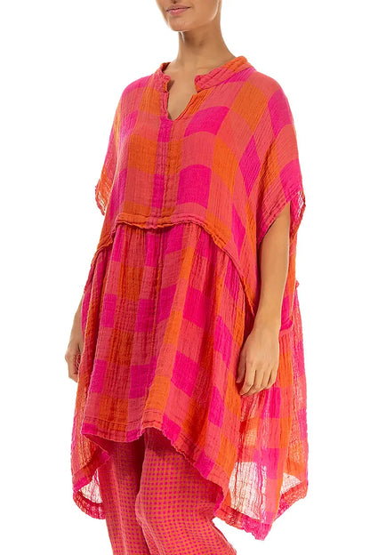 Loose Large Check Pink Orange Gauze Linen Tunic 4