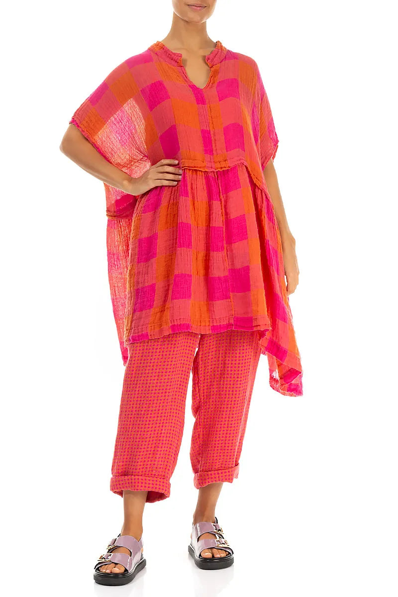 Loose Large Check Pink Orange Gauze Linen Tunic 5