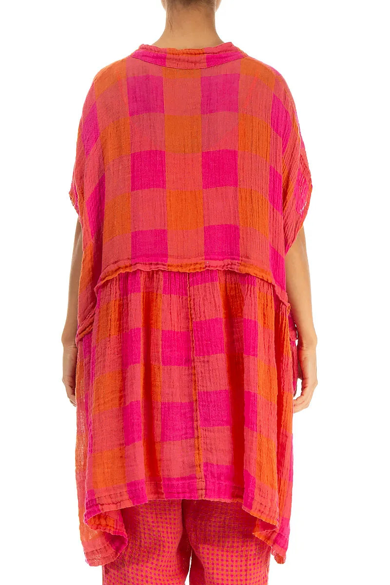 Loose Large Check Pink Orange Gauze Linen Tunic 3