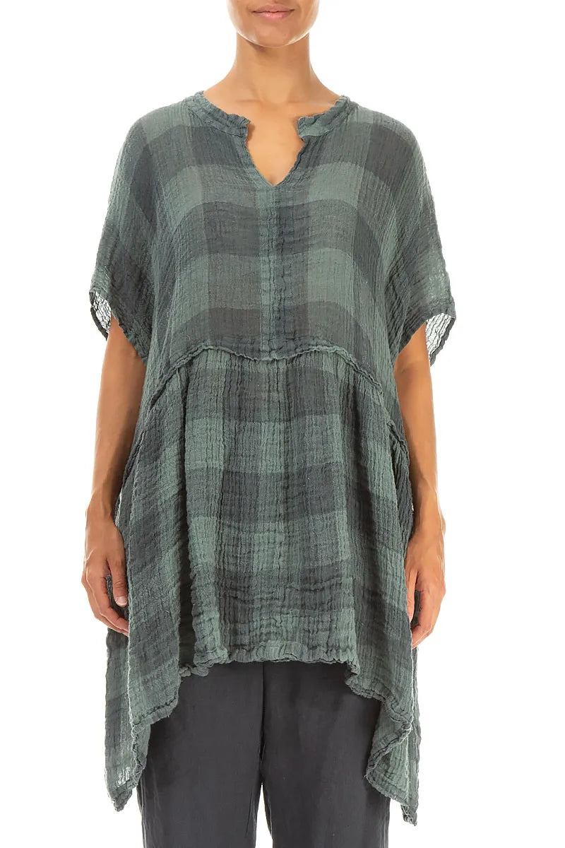 Loose Large Check Sage Gauze Linen Tunic 2