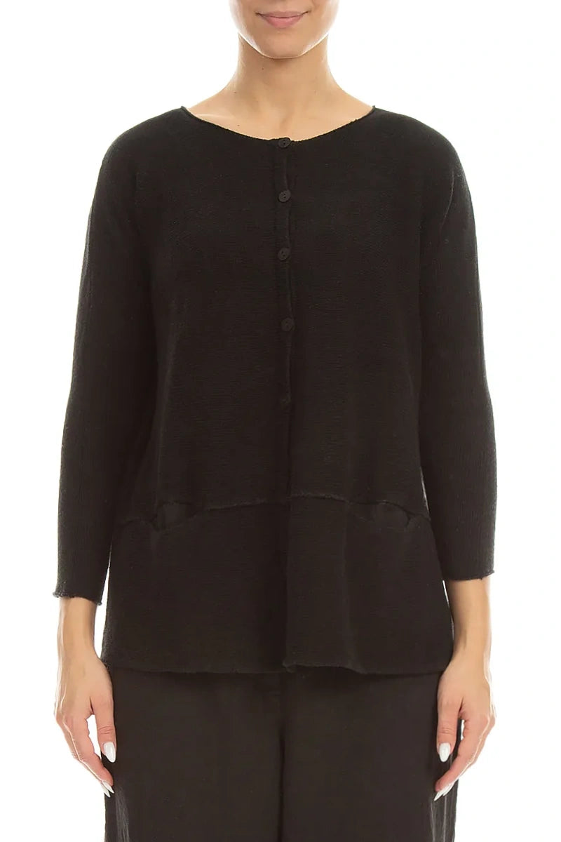 Loose Two Pockets Black Linen Cardigan 1