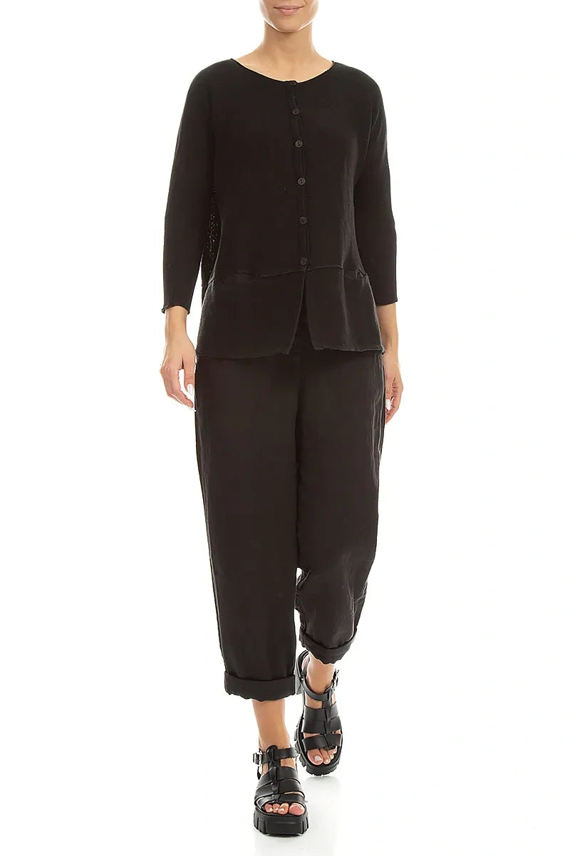 Loose Two Pockets Black Linen Cardigan 4