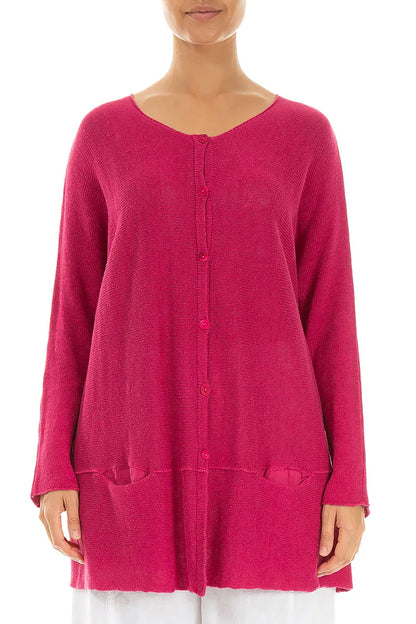 Loose Two Pockets Fuchsia Linen Cardigan 1