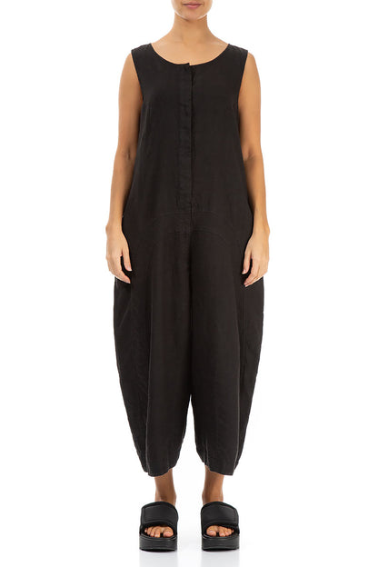 Loose Back Pockets Black Linen Jumpsuit 1