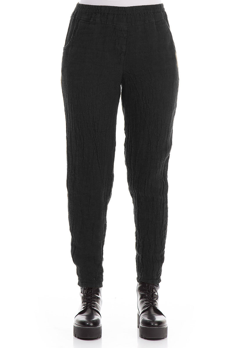 Narrow Black Mélange Linen Trousers 1