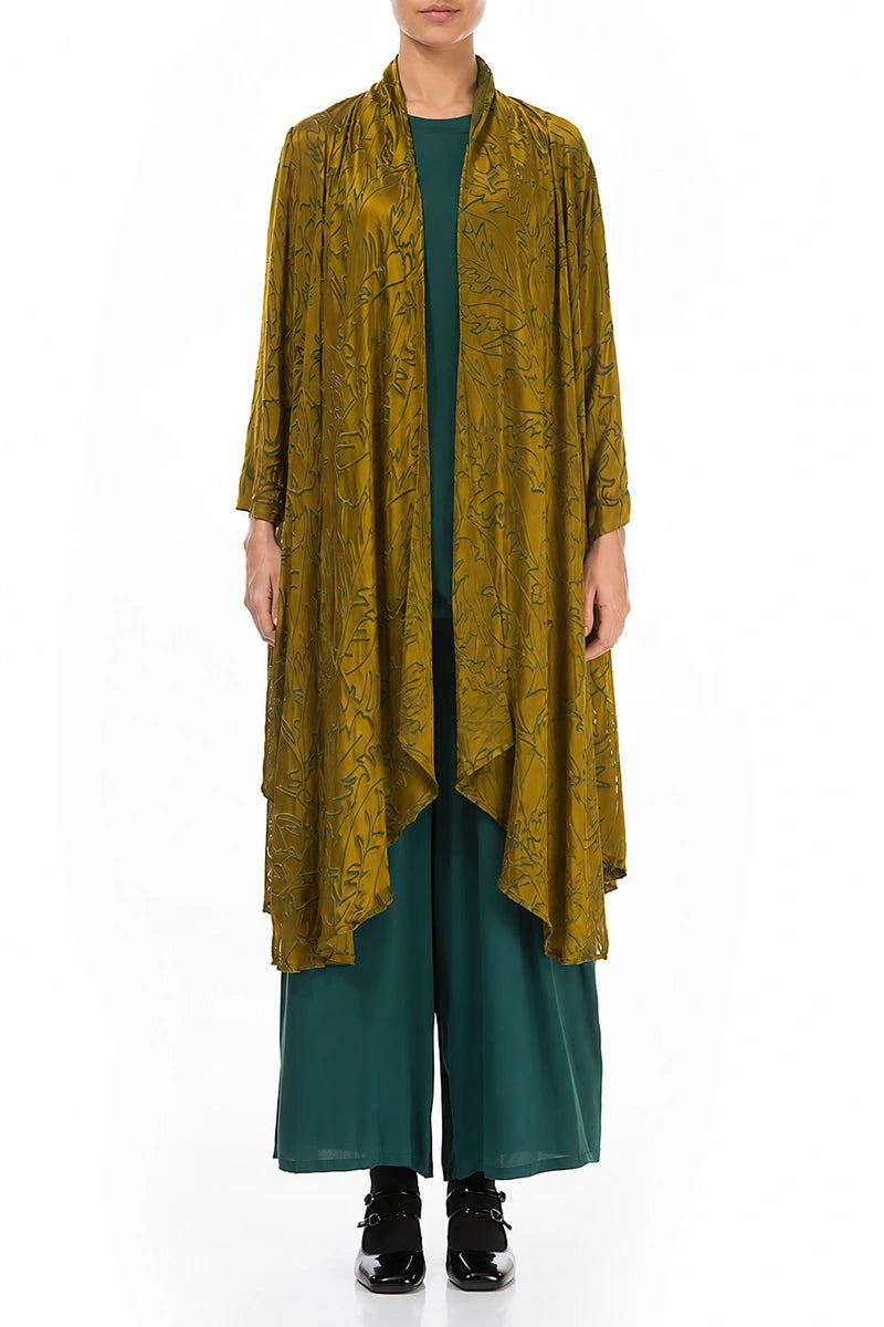 Open Golden Olive Devoré Feather Silk Jacket