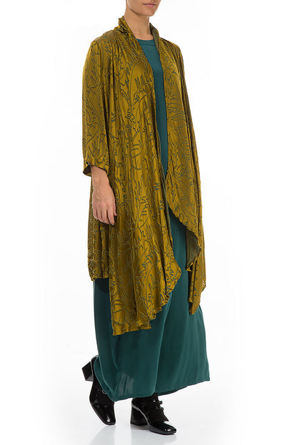Open Golden Olive Devoré Feather Silk Jacket