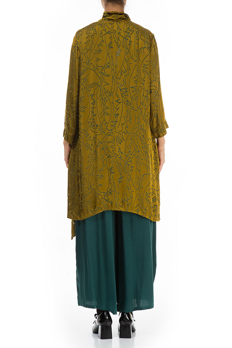 Open Golden Olive Devoré Feather Silk Jacket