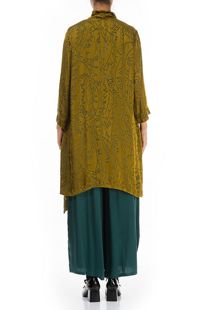 Open Golden Olive Devoré Feather Silk Jacket