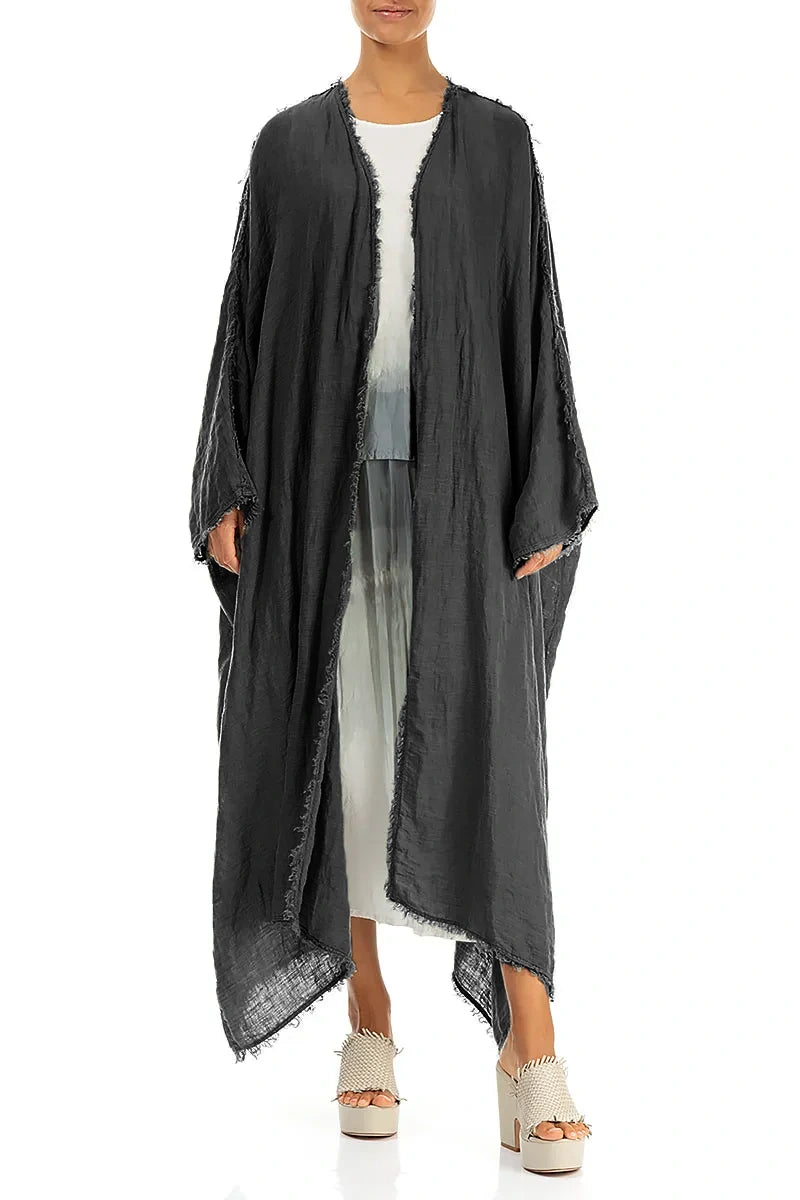 Oversized Raw Edge Graphite Gauze Linen Jacket 3