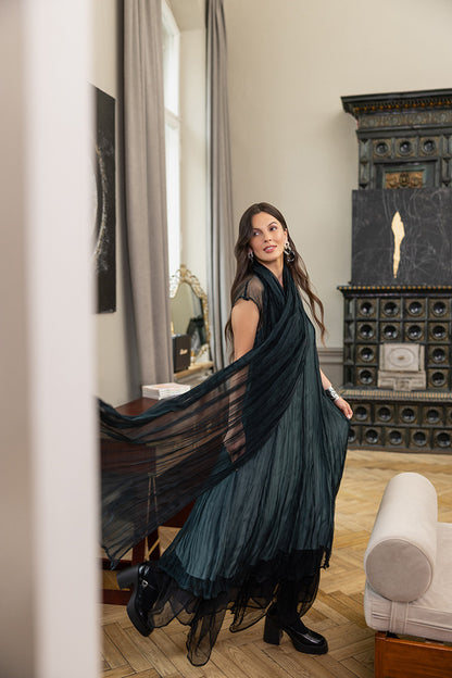 Peacock Crumpled Silk Chiffon Dress 6
