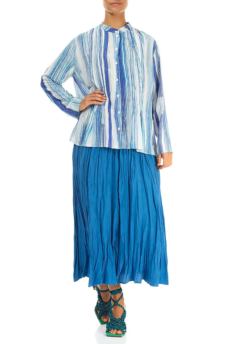 Pin-Tucked Blue Wash Stripe Silk Bamboo Shirt 4