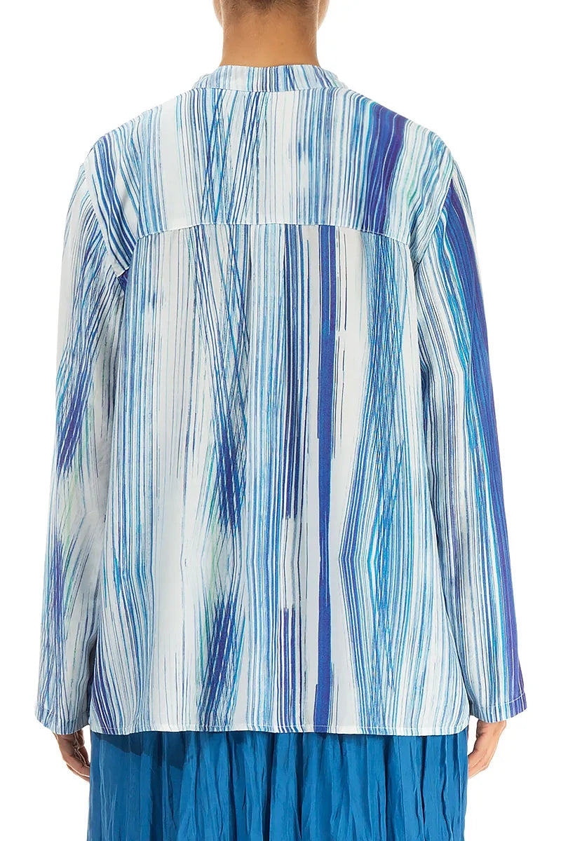 Pin-Tucked Blue Wash Stripe Silk Bamboo Shirt 2