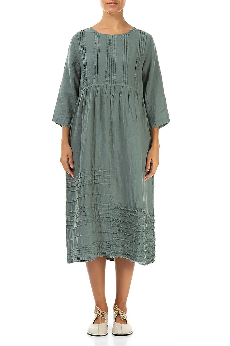 Pin Tucks Frayed Hem Sage Linen Dress 1