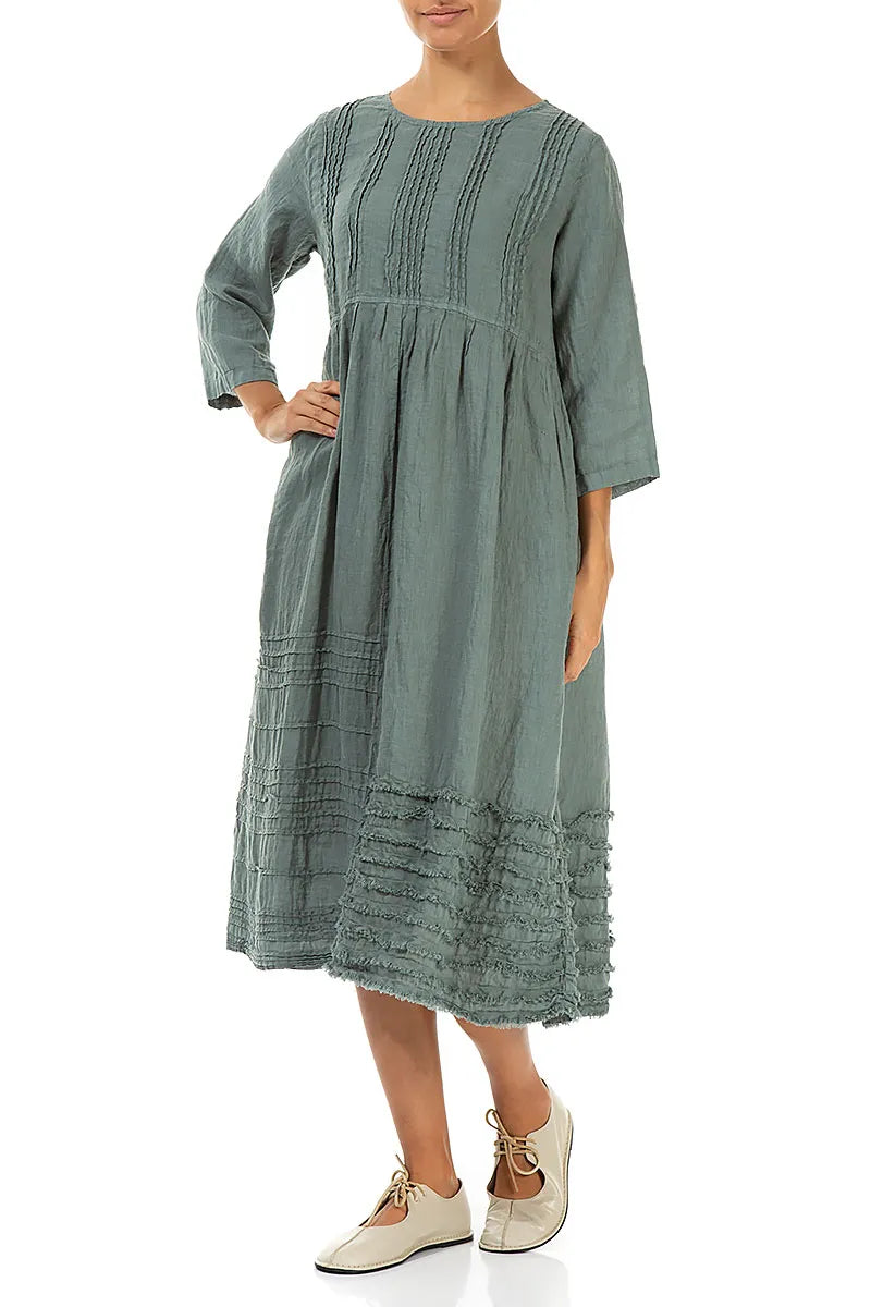 Pin Tucks Frayed Hem Sage Linen Dress 4