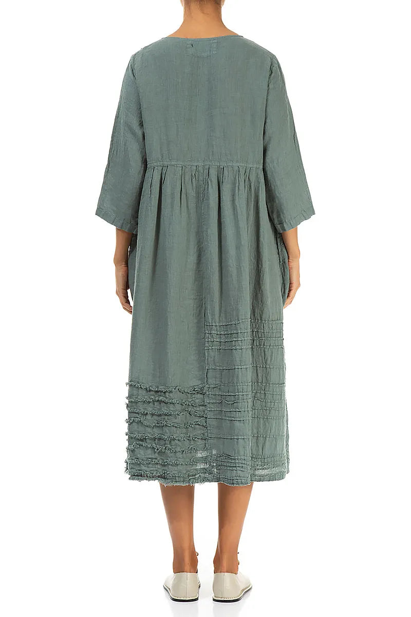 Pin Tucks Frayed Hem Sage Linen Dress 2