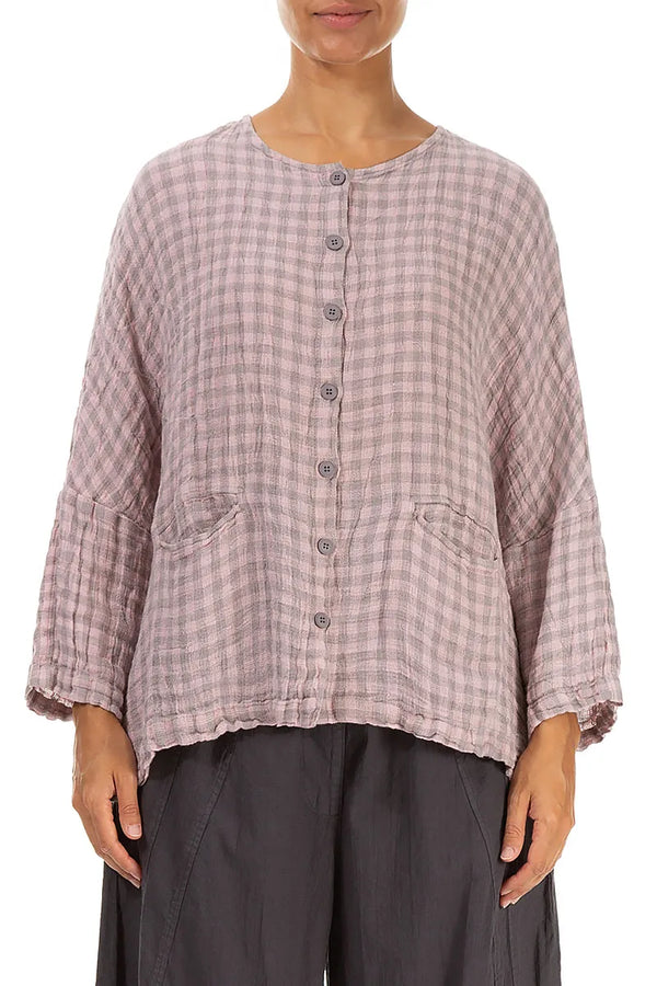 Blouse-veste en lin à carreaux roses