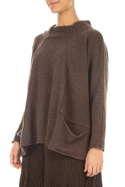 Ribbed Neck Brown Wool Sweater