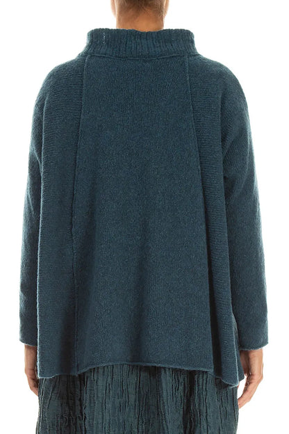 Gerippter Kragen, petrolfarbener Wollpullover