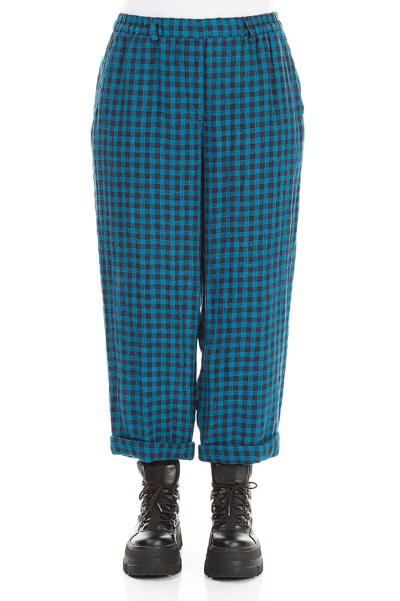Roll Up Blue Check Linen Trousers 1