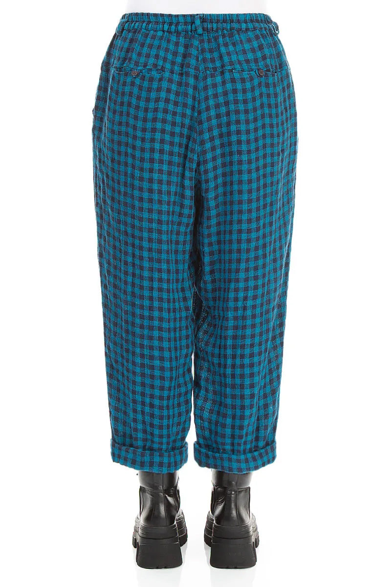 Roll Up Blue Check Linen Trousers 2