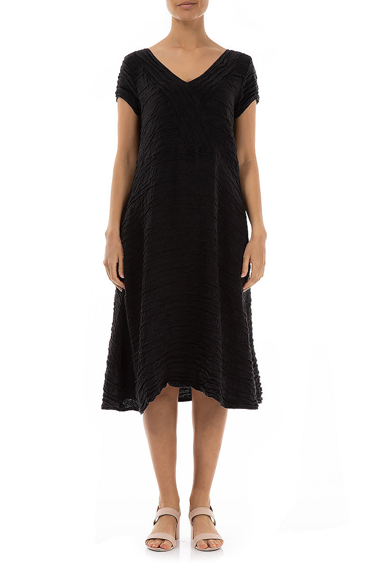 Romantic Black Crinkled Silk Linen Dress 1