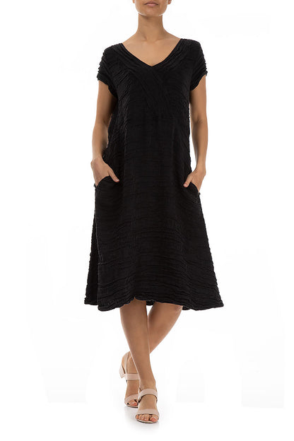 Romantic Black Crinkled Silk Linen Dress 4
