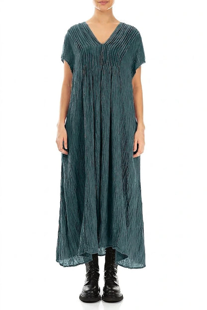 Romantic Crinkled Deep Turquoise Silk Dress