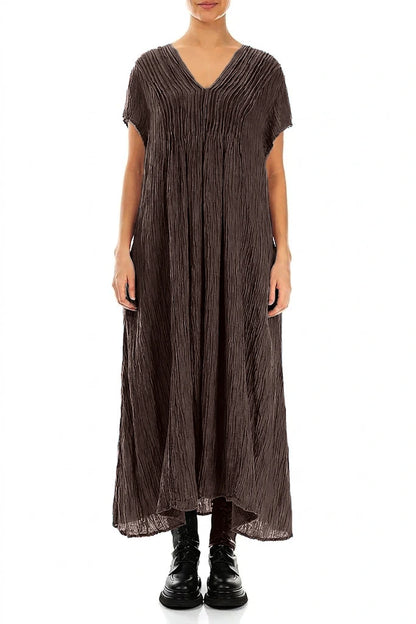 Romantic Crinkled Truffle Brown Silk Dress