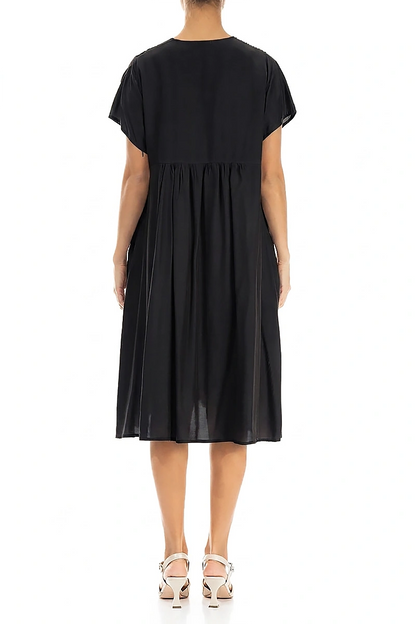 Romantic Front Tucks Black Silk Bamboo Dress 2