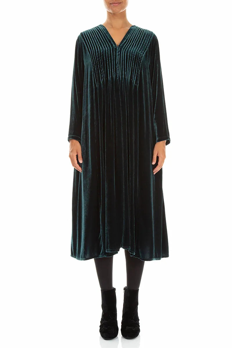 Robe romantique en Velours de Soie Turquoise profond à plis pincés