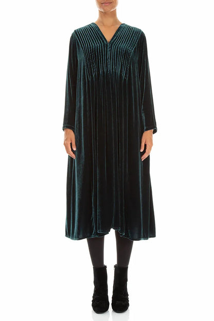 Robe romantique en Velours de Soie Turquoise profond à plis pincés