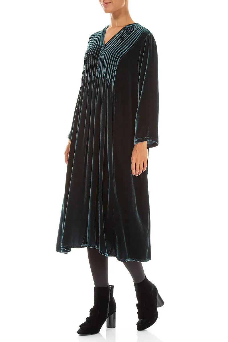 Robe romantique en Velours de Soie Turquoise profond à plis pincés