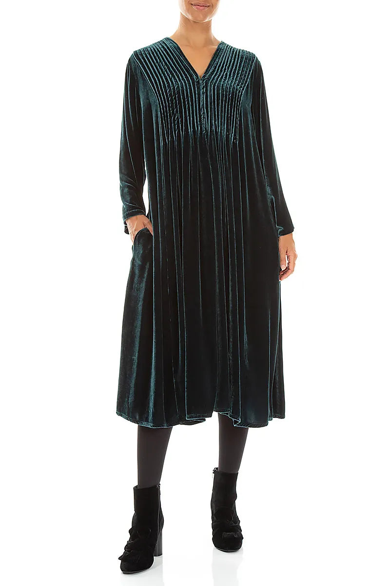 Robe romantique en Velours de Soie Turquoise profond à plis pincés