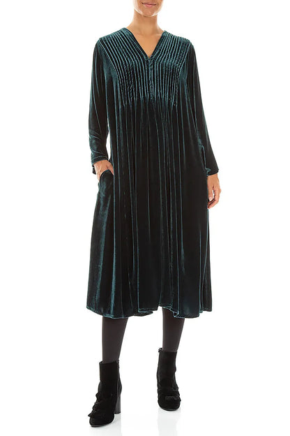 Robe romantique en Velours de Soie Turquoise profond à plis pincés